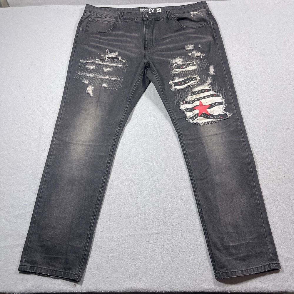 Born Fly Distressed Jeans Men 44 Straight Fit Gray Streetwear Graphic Star Denim